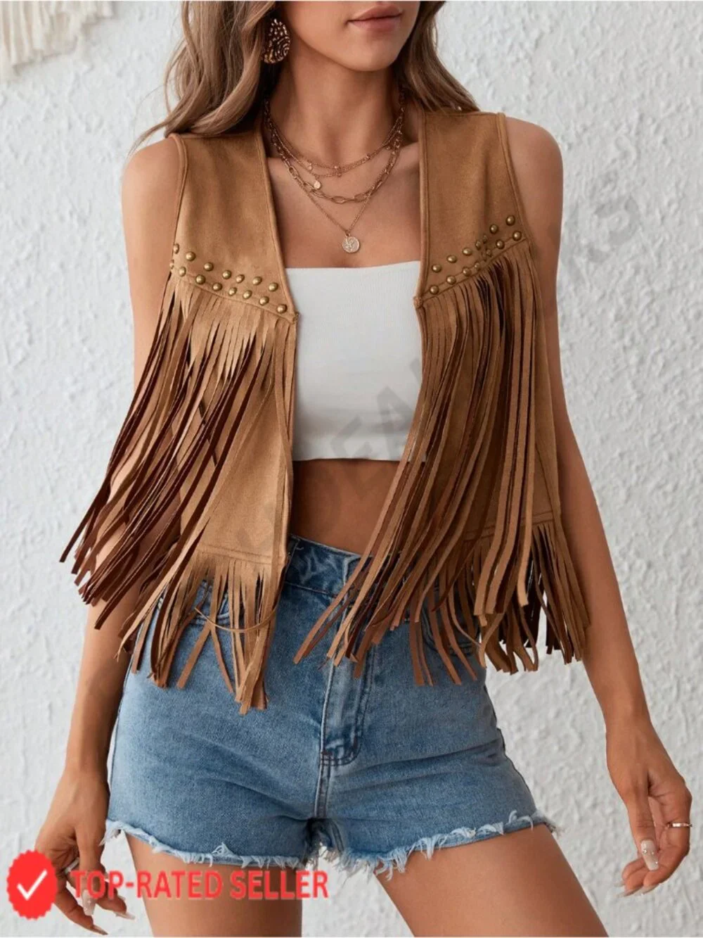 Faux Suede Fringe Vest for Women 70s Cowgirl Concert Outfit Tassel Sleeveless